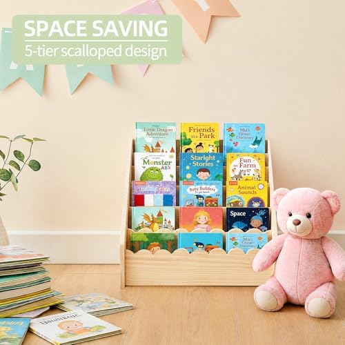 5 Tier Scalloped Bookshelf for Kids, Montessori Bookcase, Natural