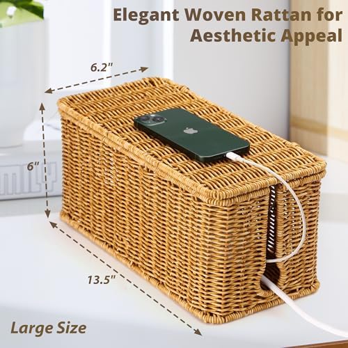 ZhiYo Rattan Cable Management Box, Cord Organizer, Nature, 13.5"x6.2"x6"