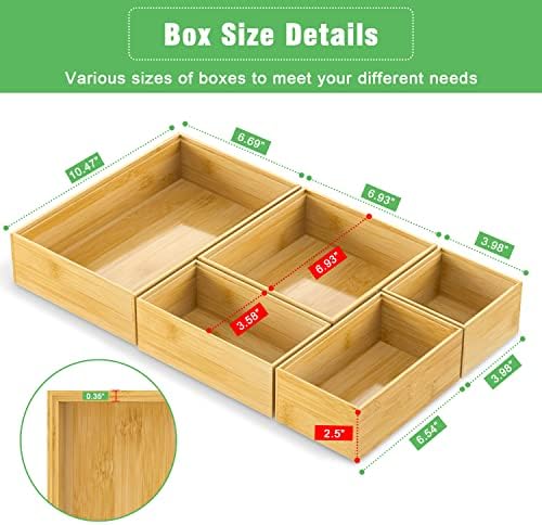 Bamboo Bathroom Drawer Organizer Dividers, Wooden Kitchen Utensil Holder Set of 5, Stackable Junk Drawer Organizer Tray,