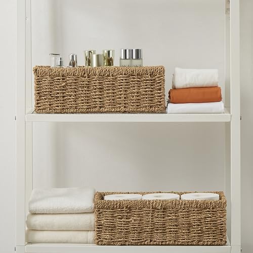 Vagusicc Wicker Storage Basket, Hand-Woven Seagrass Wicker Baskets with Handles, Toilet Paper Basket for Toilet Tank Top, Small Wicke Baskets for Organizing Shelves, 2-Pack, Seagrass