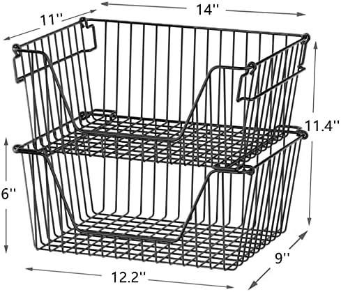 Slideep 14'' Black Stackable Storage Baskets Sturdy Metal Wire Freezer Bins Cabinet Organizer for Pantry Home Bathroom K