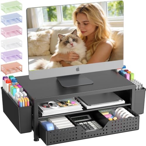 OPNICE Desk Organizers and Accessories, Computer Monitor Stand Riser with Drawer and 2 Pen Holders, Printer & Laptop Sta