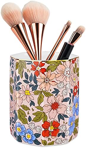 Jwest Pen Holder, Makeup Brush Holder Ceramic Shiny Gold Vintage Floral Flowers Pattern Pencil Cup for Girls Kids Women Durable Stand Desk Organizer Storage Gift for Office, Classroom, Home Pink