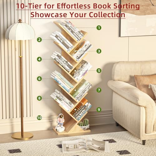 10 Tier Tree Book Shelf, Floor Standing Wood Bookshelf for Narrow Space