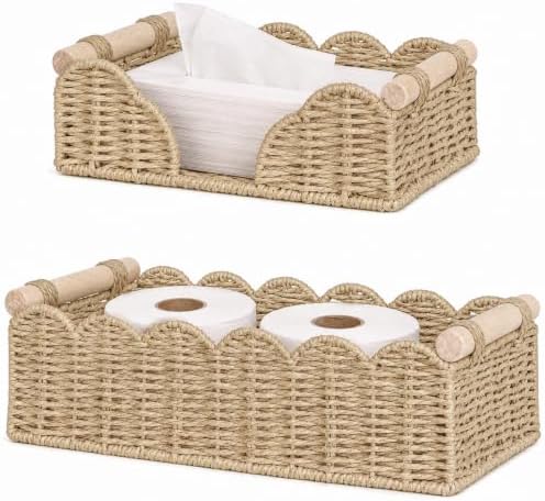 2 Pack Scalloped Paper Rope Toilet Paper Baskets with Wood Handles