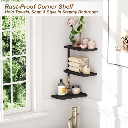 Love-KANKEI Large Corner Shelf 3-Tier, Solid Wood&Bracket, 17" Tall, Black