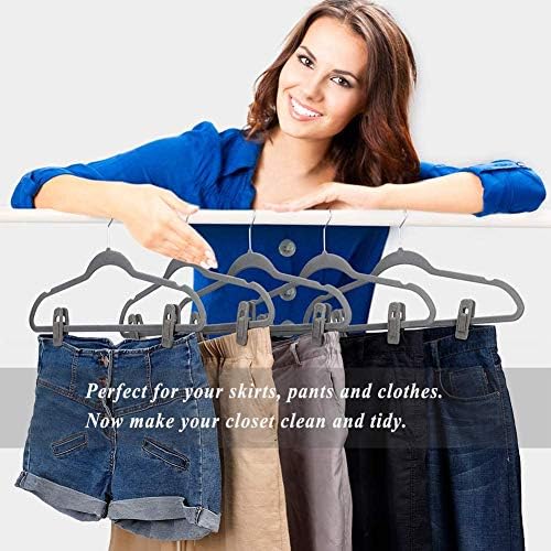 TOFIIGREM Grey Velvet Hangers Clips 50 PCS, Non-Slip Velvet Skirt Hanger Clips for Velvet Hangers, Strong Finger Clips Perfect for Kids Velvet Hangers Skirt Pant Clothes Gray Velvet Hangers
