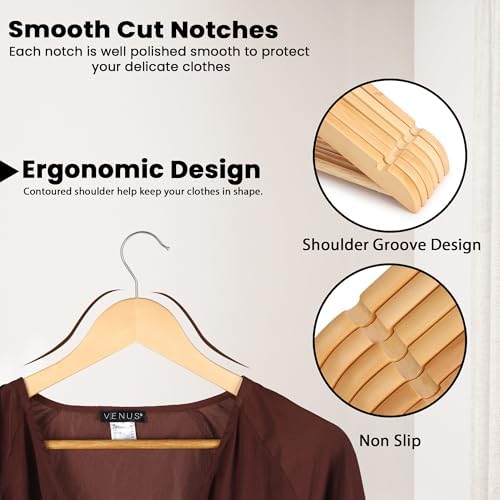 Wooden Hangers Premium Natural Bamboo Wood Hanger Well Polished Ergonomic Design & Sharply Cut Notches with Swivel Hook 