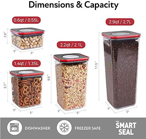 Neoflam Smart Seal 8pc Patent Airtight Kitchen Pantry Canister/Organizer Clear Plastic Container & Simple Twist, 100% Leak Proof, Dishwasher Safe, BPA Free, Dry Food Storage Set, Square, Black/Red Lid