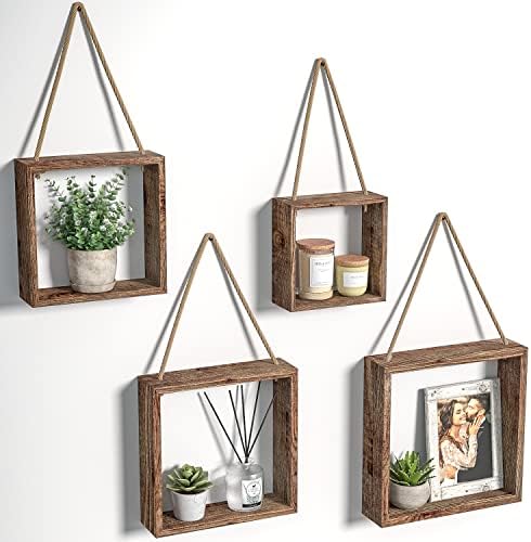J JACKCUBE DESIGN Floating Hanging Square Shelves Wall Mounted Rustic Wood Cube Display Shelf Shadow Boxes Decorative Boho Home Décor for Living Room, Bedroom, Office, Set of 4 (Brown) - MK571B