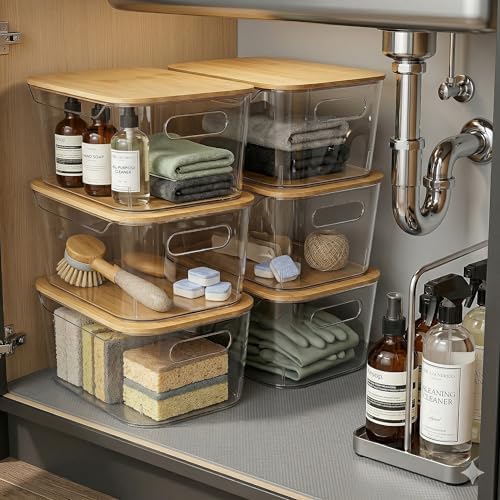CiWiVOKi 6 Pack Clear Stackable Storage Bins with Bamboo Lids, 3.7L BPA-Free Plastic Organizer Containers with Handles, 