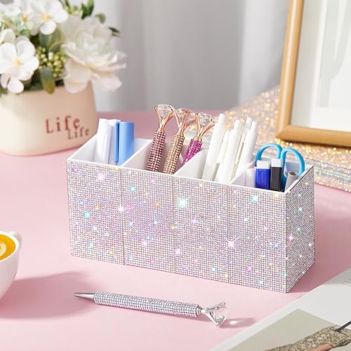 Rhinestone Desk Organizer, White Pen Makeup Brush Holder