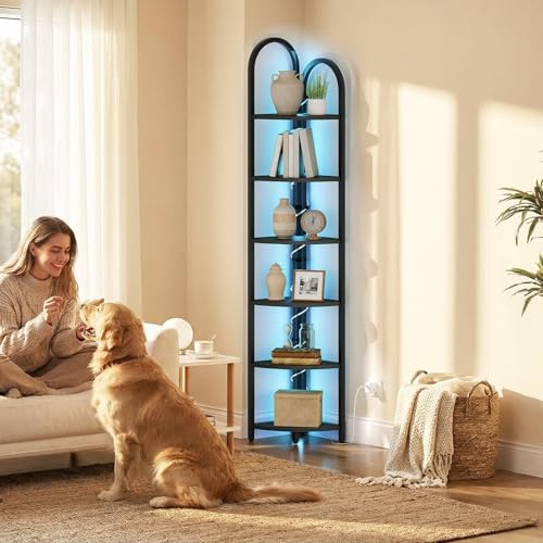 MAHANCRIS 6 Tier Corner Shelf with LED Light, 74.6'' Tall Corner Bookshelf Stand, Narrow Display Bookcase with Storage R
