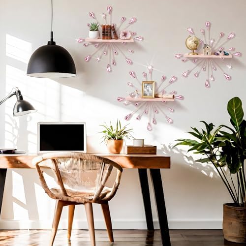 Yaocom 3 Pcs Bling Crystal Floating Shelves Metal Starbursts Wall Decor Folding Shelf Pink Corner Shelves Hanging Wall M