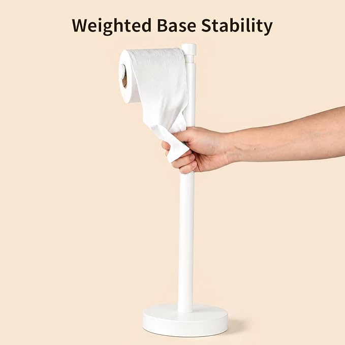 YUMORE Toilet Paper Holder Stand with Weighted Base, Matte White | Stainless Steel Design with Open-Arm Access for Bathrooms and Powder Rooms