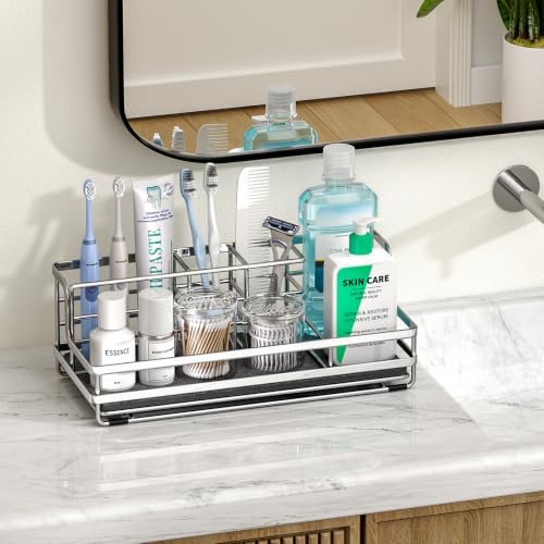HapiRm Toothbrush Holders for Bathroom - 5 Partitions Bathroom Counter Organizer with Instant Drying Stone, Stainless St