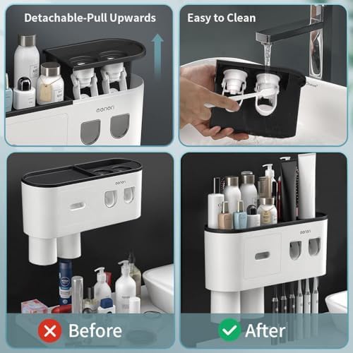 Toothbrush Holders Wall Mounted, Toothbrush Holder with Automatic Toothpaste Dispensers, 6 Brush Slots, 2 Magnetic Cups,