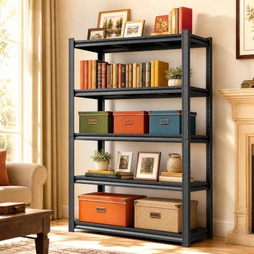 Metal Bookshelf 5 Tier Shelf, Heavy Duty Industrial Book Case Shelving Unit, Standing Storage Rack for Books Plants Kitc