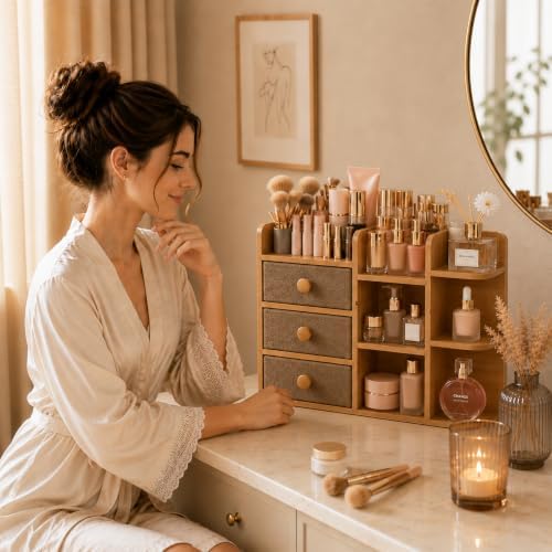 Large Makeup Organizer For Vanity, Large Capacity 3 Tiers Bamboo Bathroom Counter Organizers and Storage, Countertop Mak