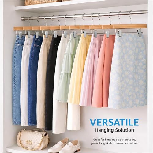 ZOBER Wooden Pants Hangers with Clips, Clothes Hangers, Natural, 10 Pack