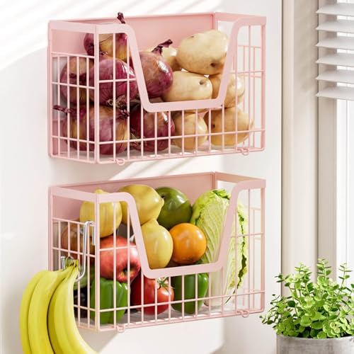 2 Pack Magnetic Shelves for Fridge, Pink Magnet Wire Fruit Baskets
