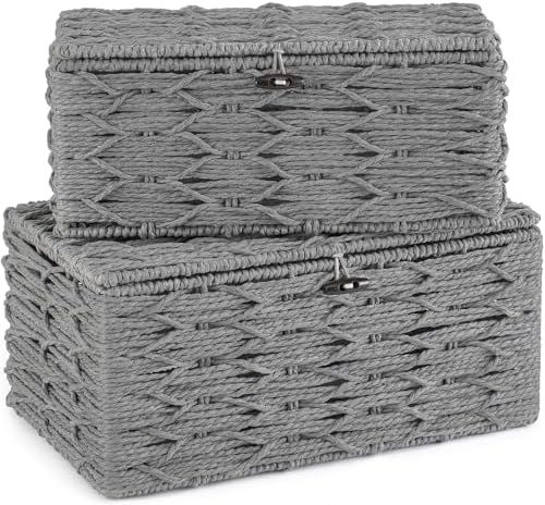 Mkono Storage Basket with Lid, Decorative Bins for Organize, Set of 2 Grey