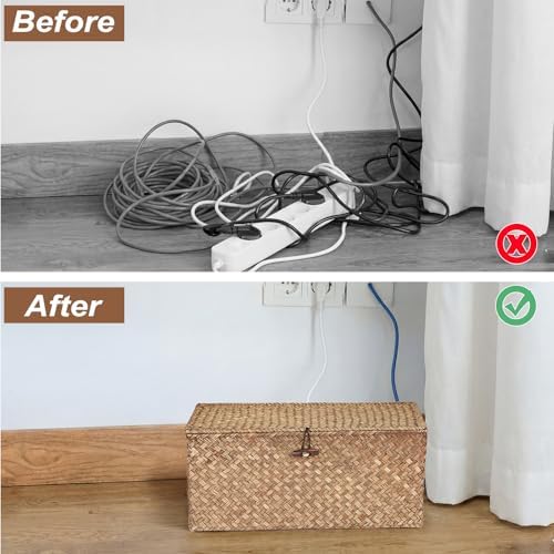 BTSKY Woven Cable Management Box with Lid, Seagrass Cord Organizer with 2 Open Slots for Power Strips & USB Hubs, Under 