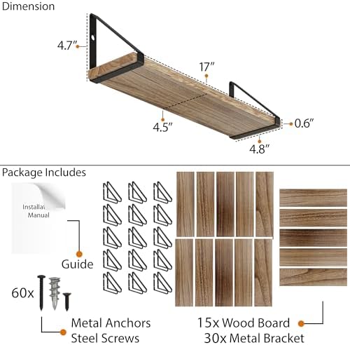 Wallniture Ponza 17'' x 4.5'' Floating Wall Shelf Bathroom, Small Wood Book Shelves for Wall Storage, Wall Mounted Shelf