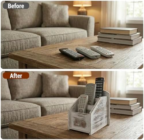 MyGift Whitewashed Wood TV Remote Control Holder with 3 Compartments