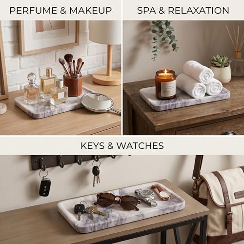Calcatta Pink Marble Vanity Tray for Bathroom Counter-12 X7 Decorative Tray for Perfume, Candles, Stone Jewelry Dish Tra