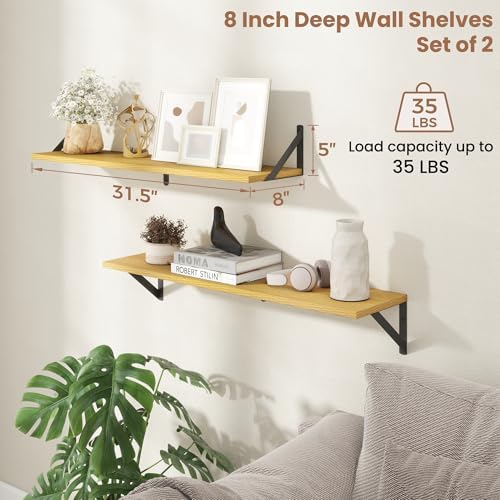Axeman 32 Inch Floating Shelves, 8 Inch Deep Oak Wall Shelves Set of 2