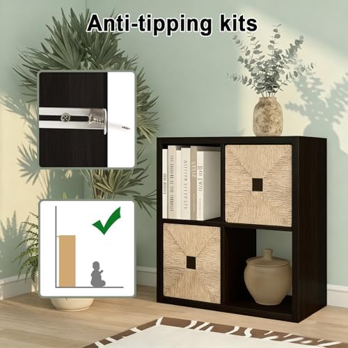 CTESNE【2026 Wooden Thick Frame 4 Cube Storage Organizer Shelf with Anti-Tipping Kits + Reversible Open Back Bookcase, Ho