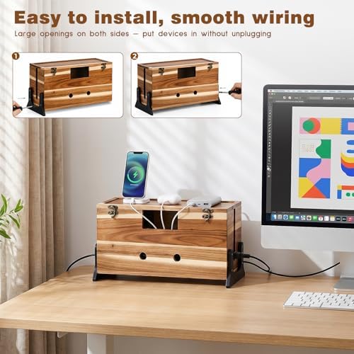 Extra Large Cable Management Box, 14.2-Inch Acacia Wood Cord Hider Box with Dual Locks and Magnetic Lid, Power Strip Cov