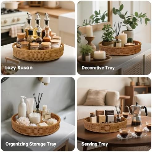 12 Inch Rattan Lazy Susan Organizer for Cabinet with Handles