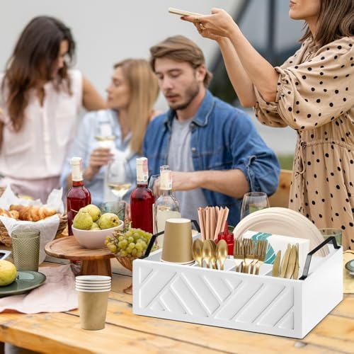 Ukonvi Paper Plate Dispenser and Holder for Kitchen Counter, Wood Rustic Silverware Utensil Caddy, Cutlery Flatware Orga