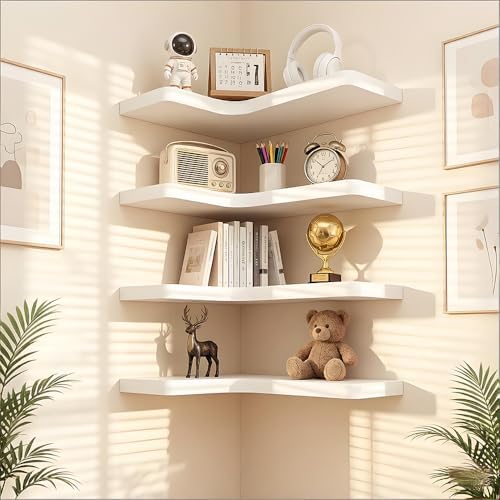 Floating Corner Shelves, Wall Shelf Set of 4, Shelves for Wall Storage, Solid Wood Shelves for Storage, Wall Mount Woode