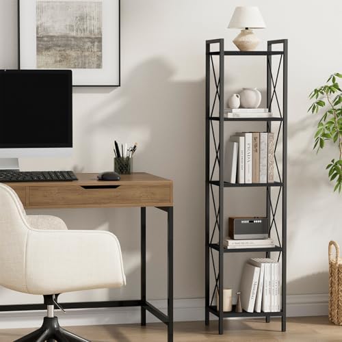 Homhedy 5 Tier Small Bookshelf, Tall Narrow Bookcase, Metal Book Shelf
