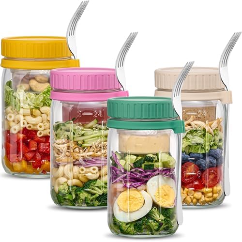 Danmu 32 oz Salad Jars with 2 Dressing Cups & Forks - Glass Mason Jar Meal Prep Containers,Wide Mouth,Leak Proof,Dishwasher Safe - Dry Wet Food Separation for Fresh Salad,Leftovers 4 Pack