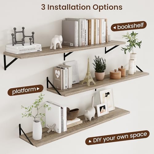 Axeman 12 Inch Deep Floating Shelves for Wall - 55 Inch Wide x 12 Inch Deep Wall Shelves Set of 2 - Rustic Grey Wood Flo