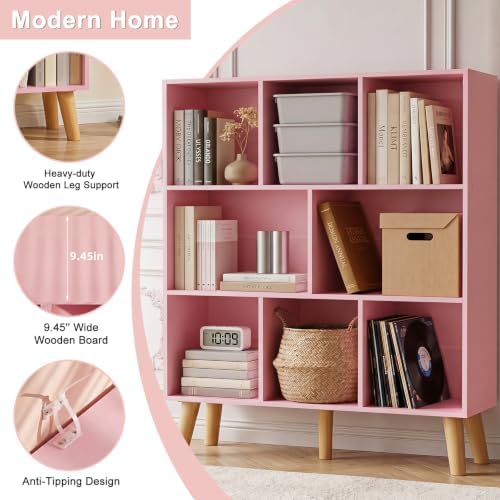 YAHARBO 8 Cube Bookshelf,3 Tier Bookcase with Legs,Light Pink Mid-Century Modern Bookshelves,Large Free Standing Open St