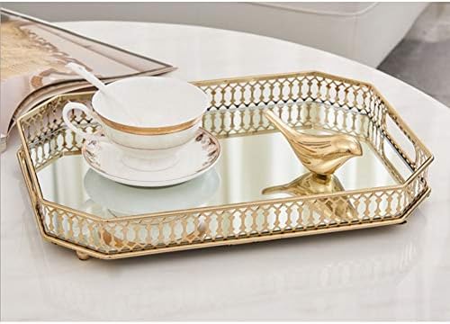 Vintage Gold Mirror Tray,Rectangle(13.8x9.8in) Ornate Geometric Brass Plated and Glass Display Storage Organizer,Jewelry