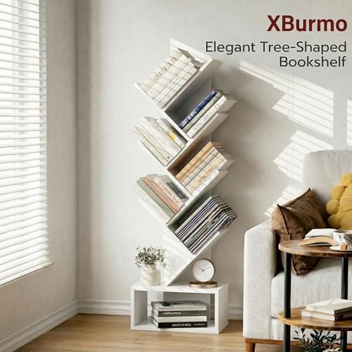 XBurmo 6 Tier Tree Bookshelf - Small Bookcase, Compact Book Tower with Drawer, Corner Bookshelf for Bedroom, Living Room