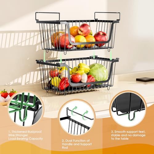 4 Pcs Stackable Wire Baskets for Pantry Organizers and Storage, Black