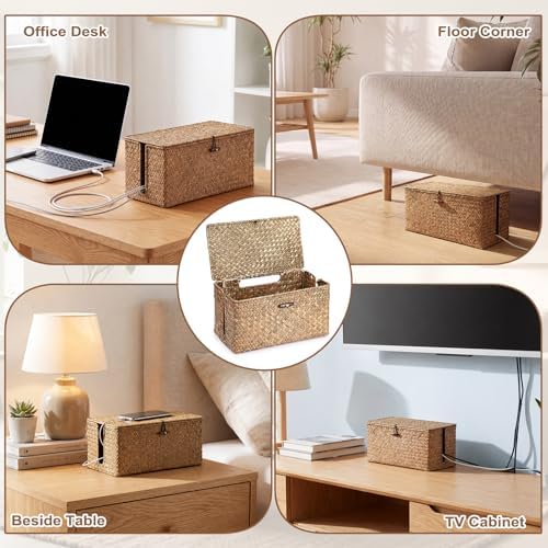 BTSKY Woven Cable Management Box with Lid, Seagrass Cord Organizer with 2 Open Slots for Power Strips & USB Hubs, Under 