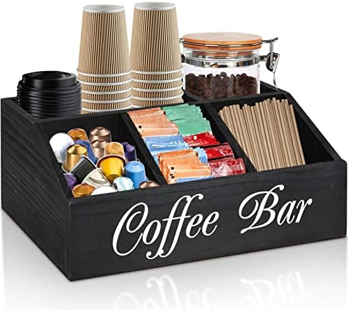 ugiftt Coffee Station Organizer for Counter, Wood Coffee Pods Holder Storage Basket, Tea Condiment Storage Organizer, Ru