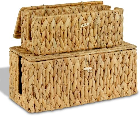 efluky 2 Pack Water Hyacinth Floor Cord Covers with Lid, Hand-woven Cable Management Box, 2 Open Slots Cord Box to to Hi