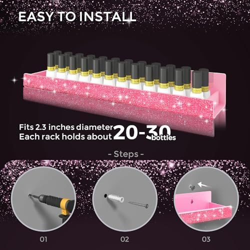 4 Pack Nail Polish Wall Rack, Pink Rhinestone Acrylic Organizer