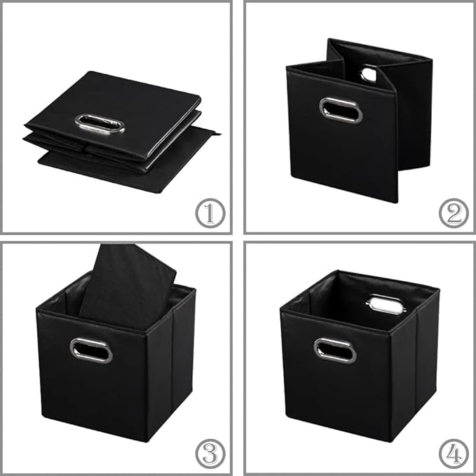PRANDOM Leather Foldable Cube Storage Bins 13x13 inch [2-Pack] Fabric Storage Baskets Cubes Drawer with Cotton Handles Organizer for Shelves Nursery Closet Bedroom Clothes Black