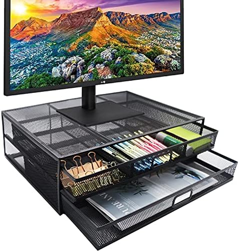 FOVLWYT Monitor Stand Riser with 2 Pull Out Storage Drawer Mesh Desk Organizers and Accessories for PC, Laptop, Notebook