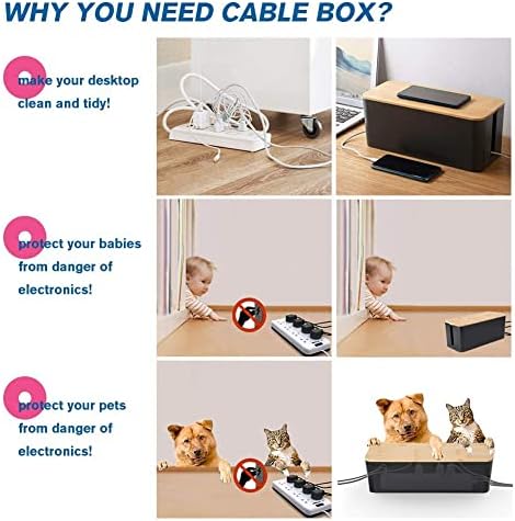 Cable Management Box, 2 Pack Bamboo Lid Large Storage Wires Organizer Holder for Home, Desk, TV, Computer, USB Hub - to 